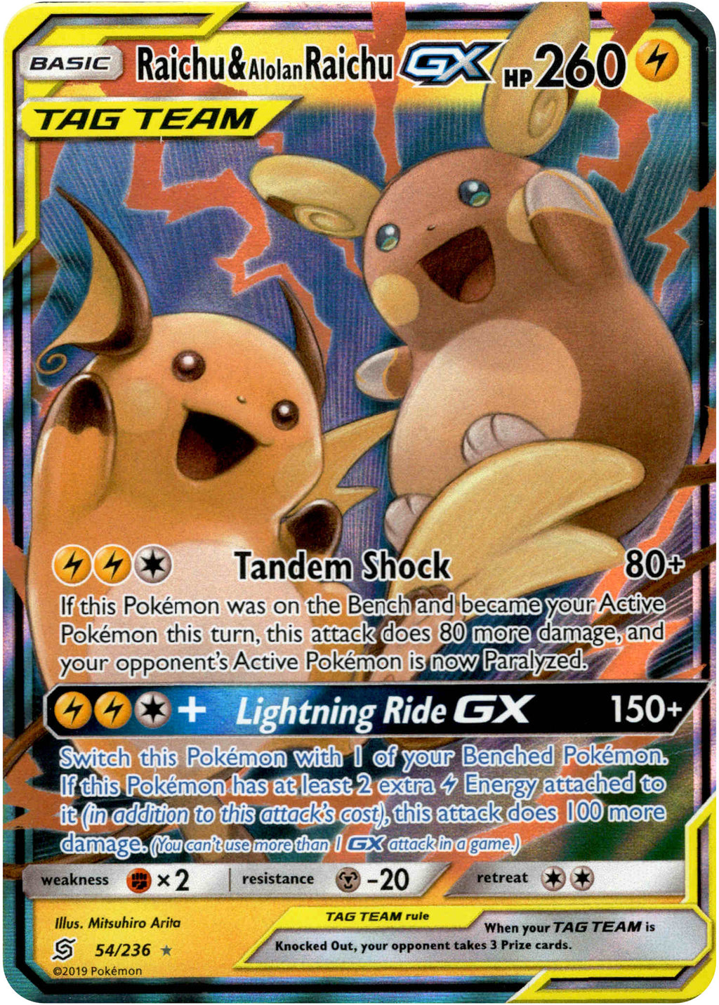 Raichu & Alolan Raichu GX - 54/236 - Unified Minds - Holo Card Cavern Trading Cards, LLC Raichu & Alolan Raichu GX - 54/236 - Unified Minds - Holo Card Cavern Trading Cards, LLC