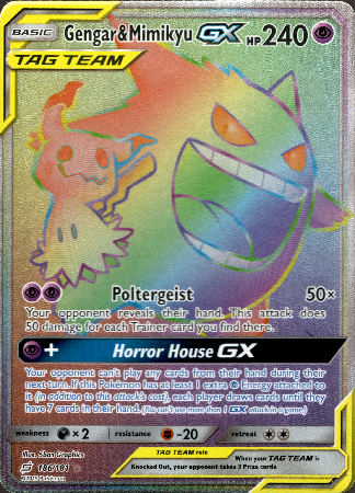 Gengar & Mimikyu GX Hyper Rare - 186/181 - Team Up - Holo Card Cavern Trading Cards, LLC Gengar & Mimikyu GX Hyper Rare - 186/181 - Team Up - Holo Card Cavern Trading Cards, LLC