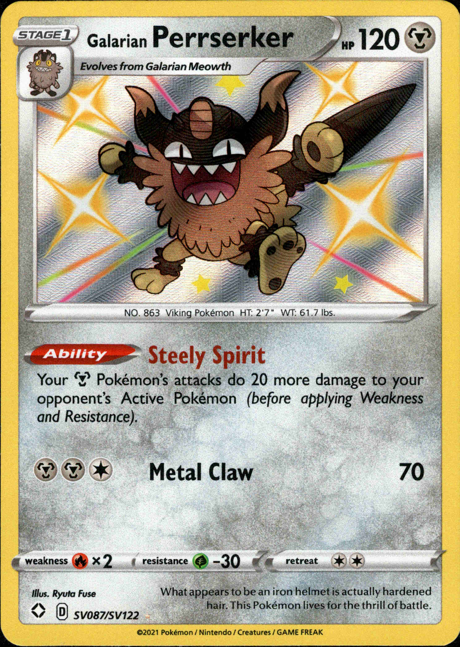 Galarian Perrserker - SV087/SV122 - Shining Fates - Holo - Card Cavern