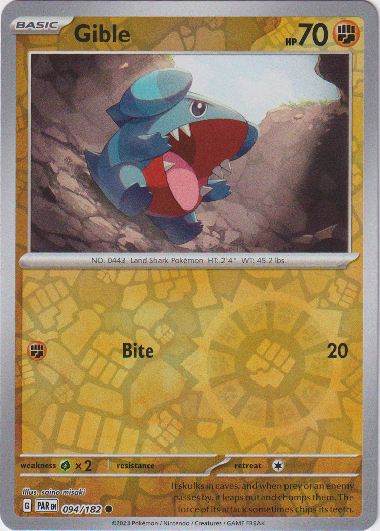 Gible - 094/182 - Paradox Rift - Reverse Holo Card Cavern Trading Cards, LLC Gible - 094/182 - Paradox Rift - Reverse Holo Card Cavern Trading Cards, LLC