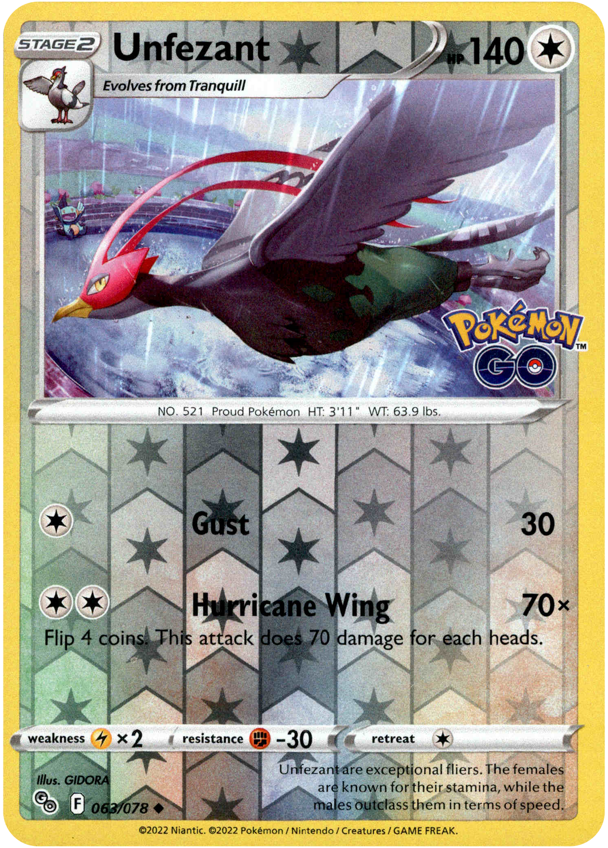 Unfezant - 063/078 - Pokemon Go - Reverse Holo - Card Cavern
