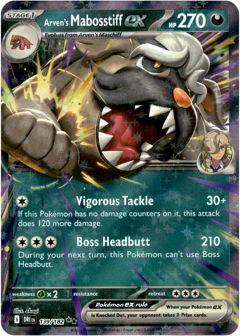 Arven's Mabosstiff ex - 139/182 - Destined Rivals - Holo Card Cavern Trading Cards, LLC Arven's Mabosstiff ex - 139/182 - Destined Rivals - Holo Card Cavern Trading Cards, LLC