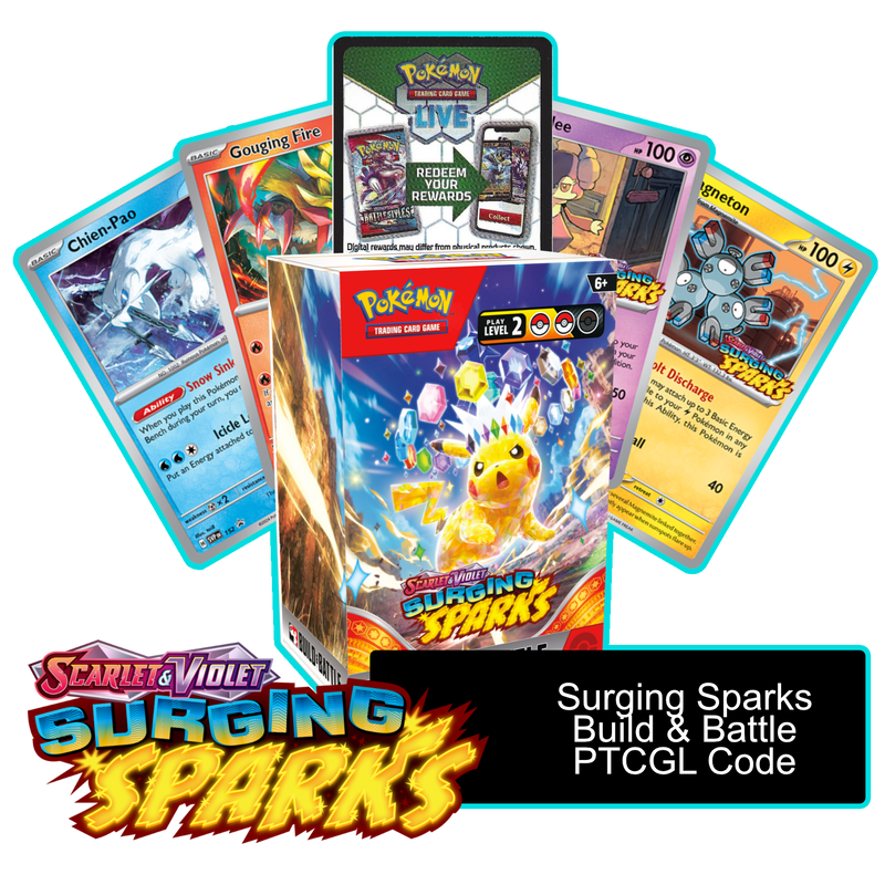 Surging Sparks Build & Battle Box - 1 of 4 Promos - PTCGL Code Card Cavern Trading Cards, LLC Surging Sparks Build & Battle Box - 1 of 4 Promos - PTCGL Code Card Cavern Trading Cards, LLC