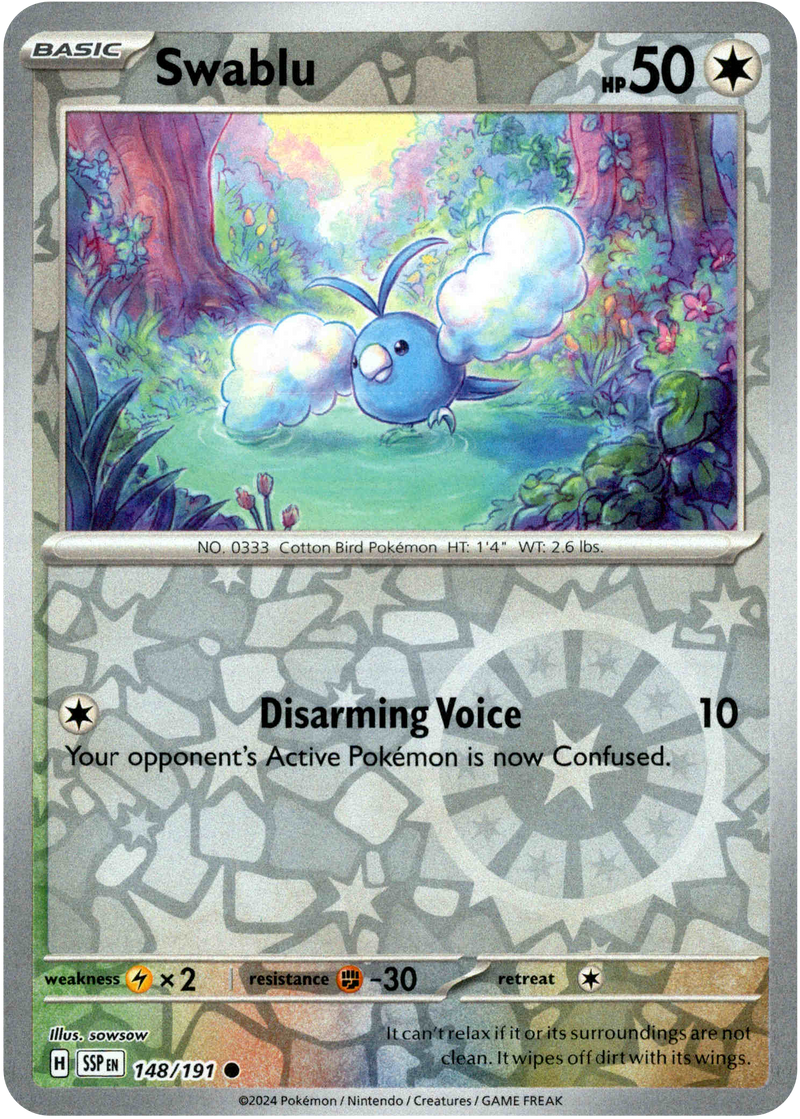 Swablu - 148/191 - Surging Sparks - Reverse Holo Card Cavern Trading Cards, LLC Swablu - 148/191 - Surging Sparks - Reverse Holo Card Cavern Trading Cards, LLC