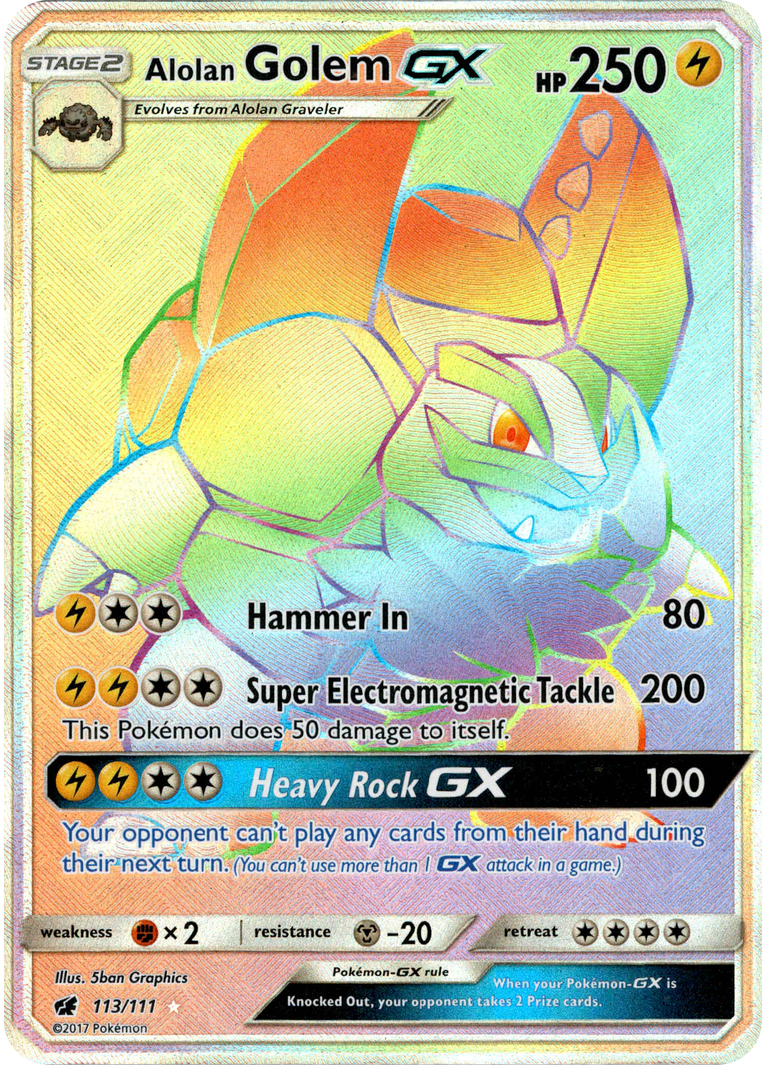 Alolan Golem GX Hyper Rare - 113/111 - Crimson Invasion - Holo - Card Cavern