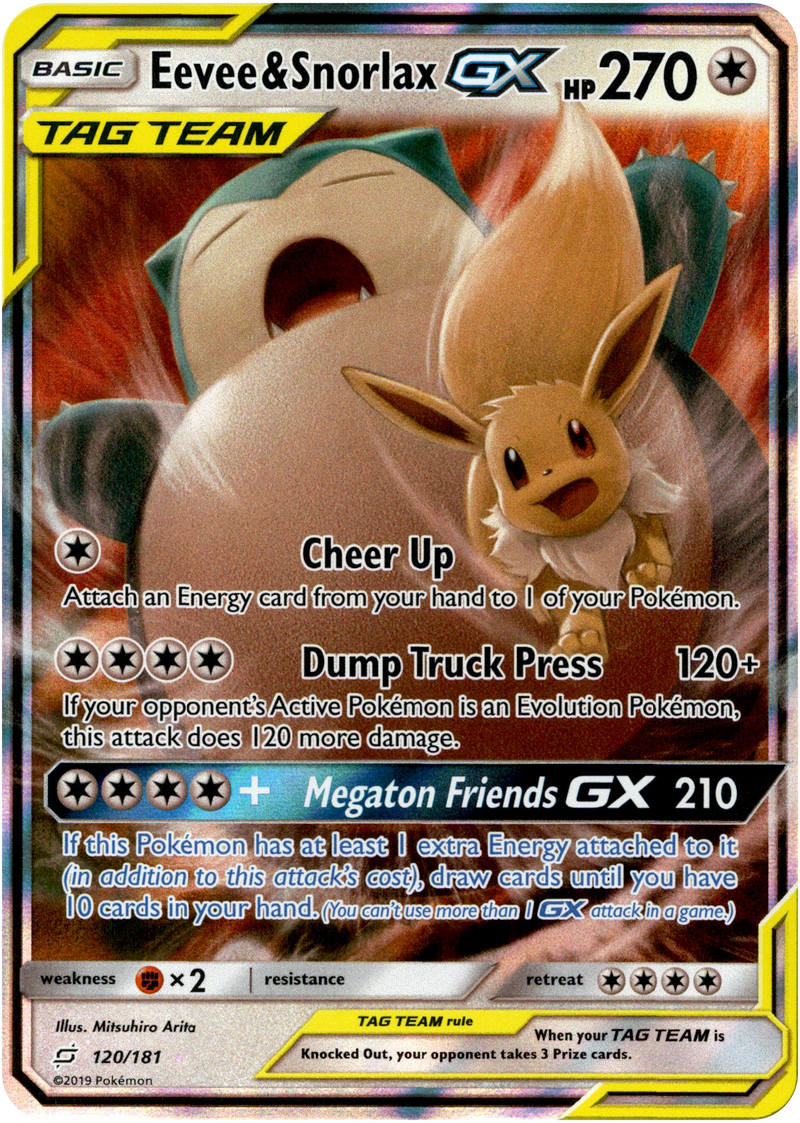Eevee & Snorlax GX 120/181 - SM Team Up Holofoil Near Mint Eevee & Snorlax GX 120/181 - SM Team Up Holofoil Near Mint