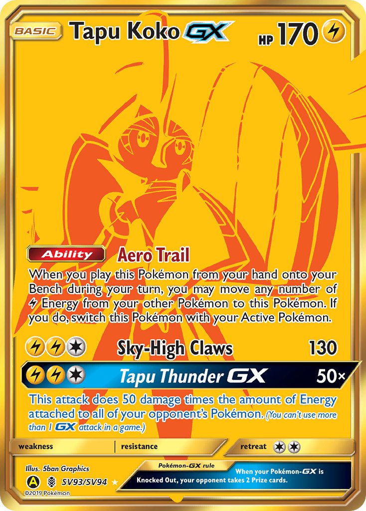 Tapu Koko GX Gold Secret Rare - SV93/SV94 - Hidden Fates - Holo - Card Cavern