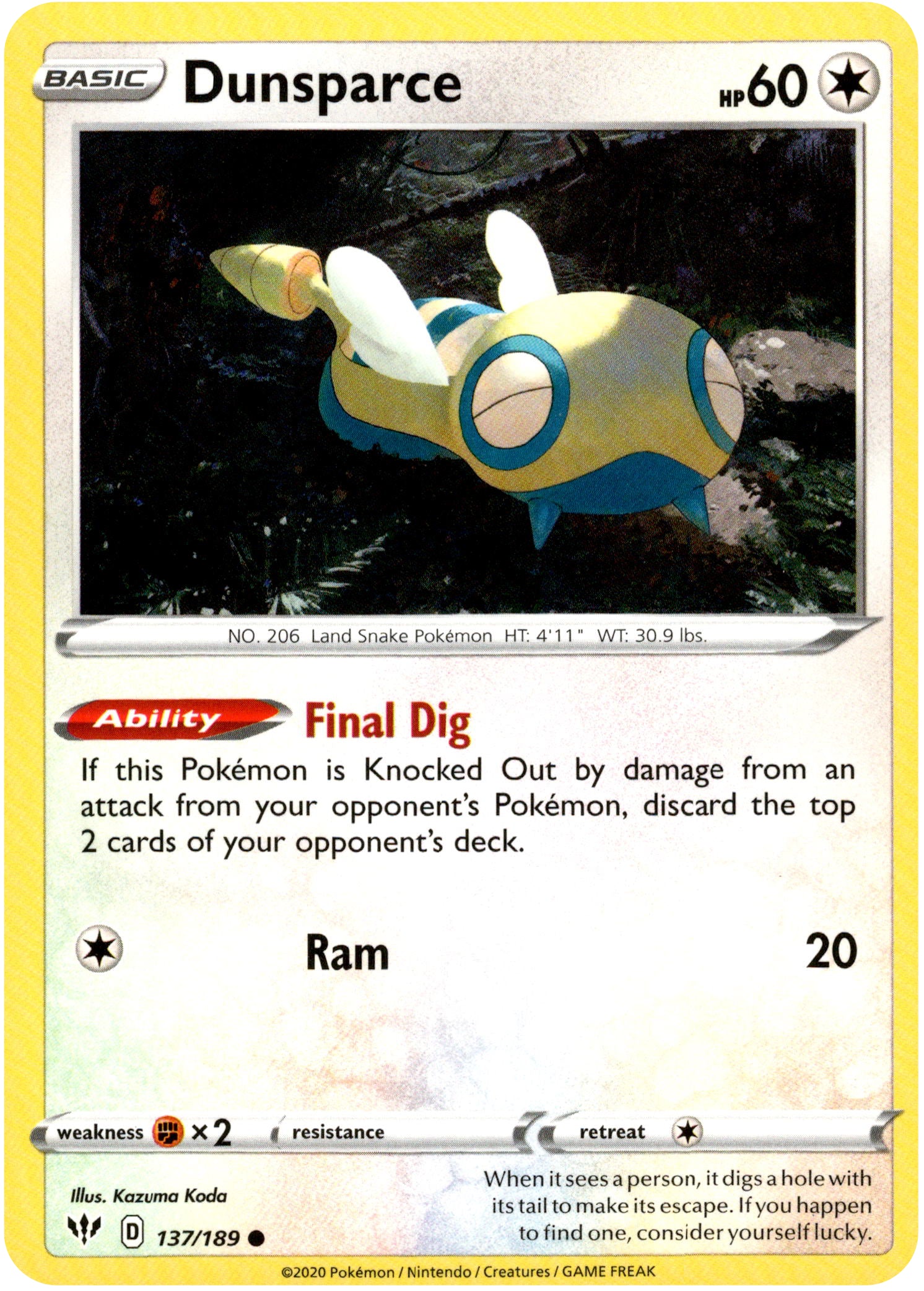 Dunsparce - 137/189 - Darkness Ablaze - Card Cavern