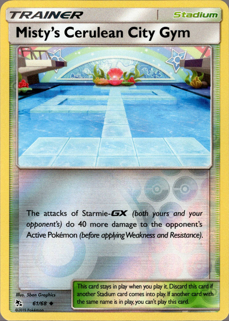 holographic misty trainer card Misty's Cerulean City Gym - 61/68 - Hidden Fates Discard 2 of the other cards in your hand in order to play this card Misty 1st Edition - Gym