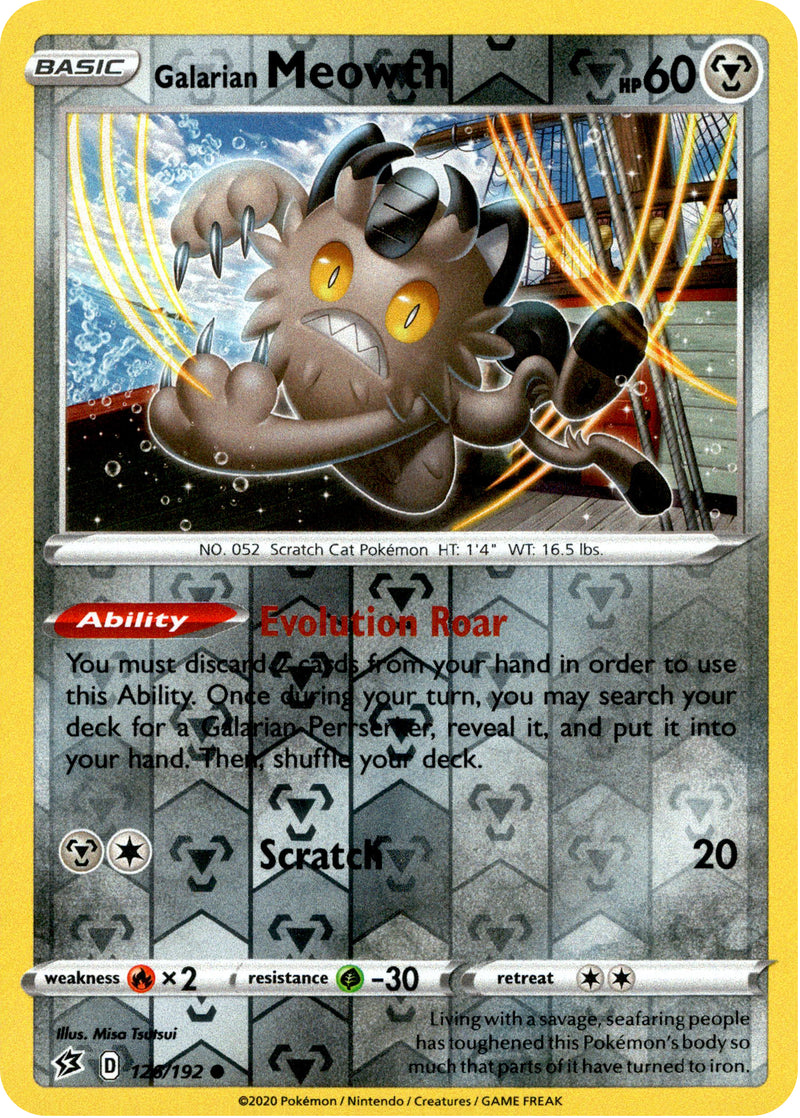 Galarian Meowth - 126/192 - Rebel Clash - Reverse Holo Card Cavern Trading Cards, LLC Galarian Meowth - 126/192 - Rebel Clash - Reverse Holo Card Cavern Trading Cards, LLC