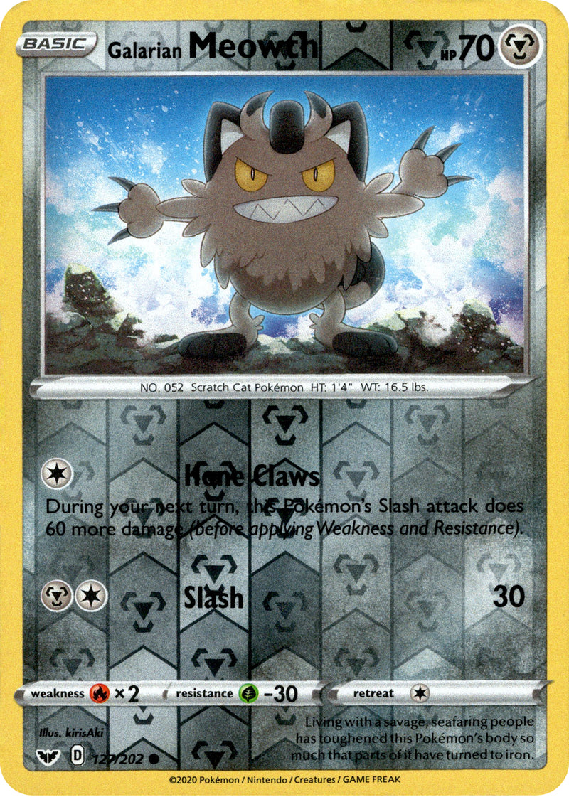 Galarian Meowth - 127/202 - Sword & Shield - Reverse Holo Card Cavern Trading Cards, LLC Galarian Meowth - 127/202 - Sword & Shield - Reverse Holo Card Cavern Trading Cards, LLC