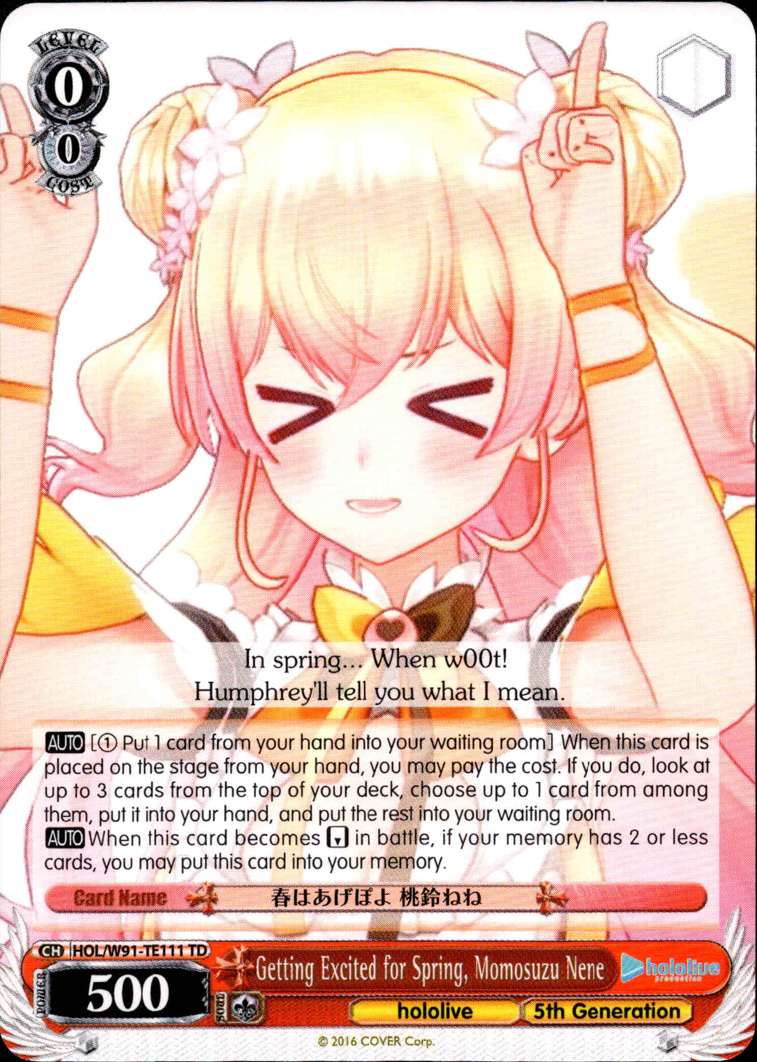 Getting Excited for Spring, Momosuzu Nene - HOL/W91-TE111 - Hololive Production 5th Generation - Card Cavern