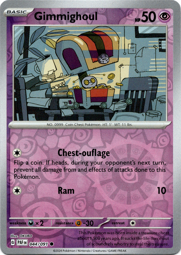 Gimmighoul - 044/091 - Paldean Fates - Reverse Holo Card Cavern Trading Cards, LLC Gimmighoul - 044/091 - Paldean Fates - Reverse Holo Card Cavern Trading Cards, LLC