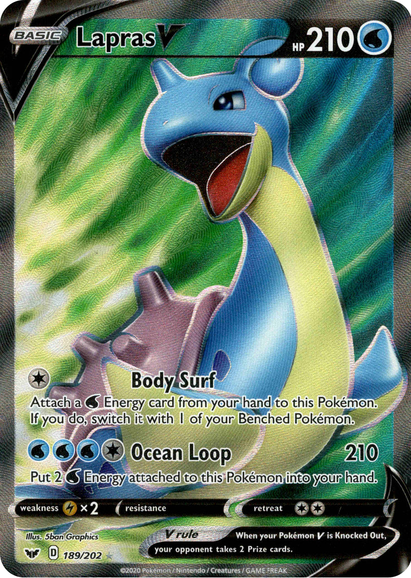 Lapras V Full Art - 189/202 - Sword & Shield - Holo Card Cavern Trading Cards, LLC Lapras V Full Art - 189/202 - Sword & Shield - Holo Card Cavern Trading Cards, LLC