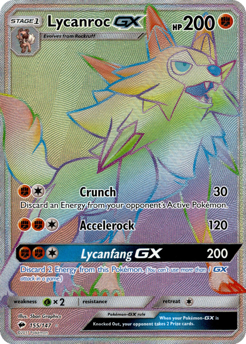 Lycanroc GX Hyper Rare - 155/147 - Burning Shadows - Holo Card Cavern Trading Cards, LLC Lycanroc GX Hyper Rare - 155/147 - Burning Shadows - Holo Card Cavern Trading Cards, LLC