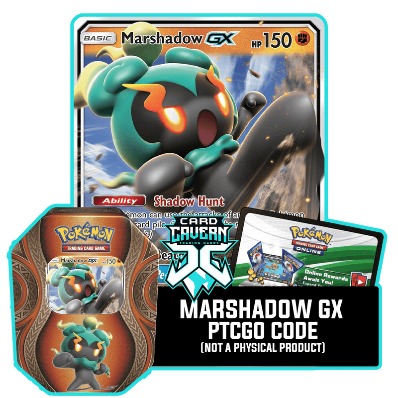 Mysterious Powers Tin: Marshadow GX - Shadow Strike Deck - PTCGO Code Card Cavern Trading Cards, LLC Mysterious Powers Tin: Marshadow GX - Shadow Strike Deck - PTCGO Code Card Cavern Trading Cards, LLC