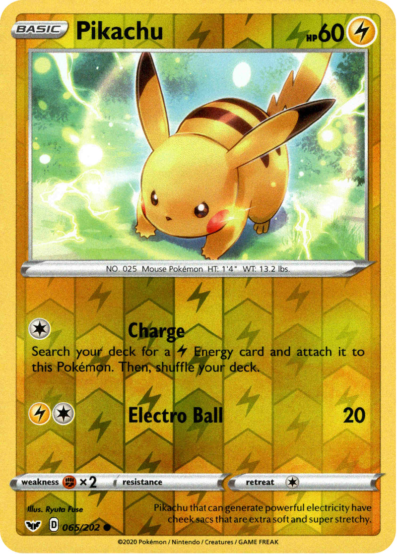 Pikachu - 65/202 - Sword & Shield - Reverse Holo  Card Cavern Trading Cards,  LLC