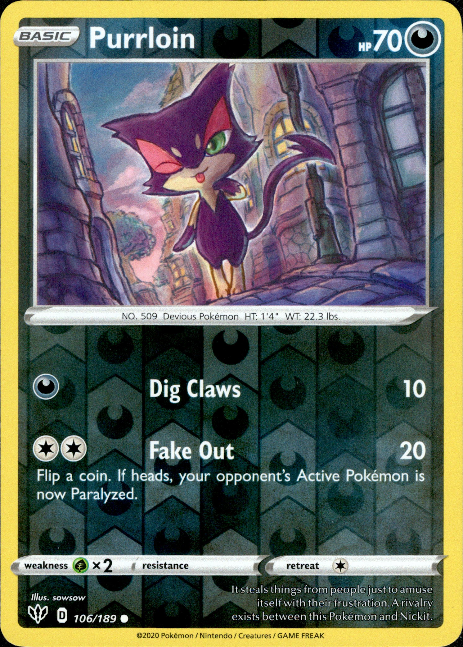 Purrloin - 106/189 - Darkness Ablaze - Reverse Holo - Card Cavern