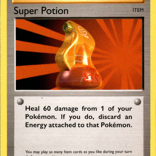 super potion pokemon card Discard 1 Energy card attached to 1 of your own Pokemon in order to remove up to 4 damage counters from that Pokemon. Super Potion - Base Set