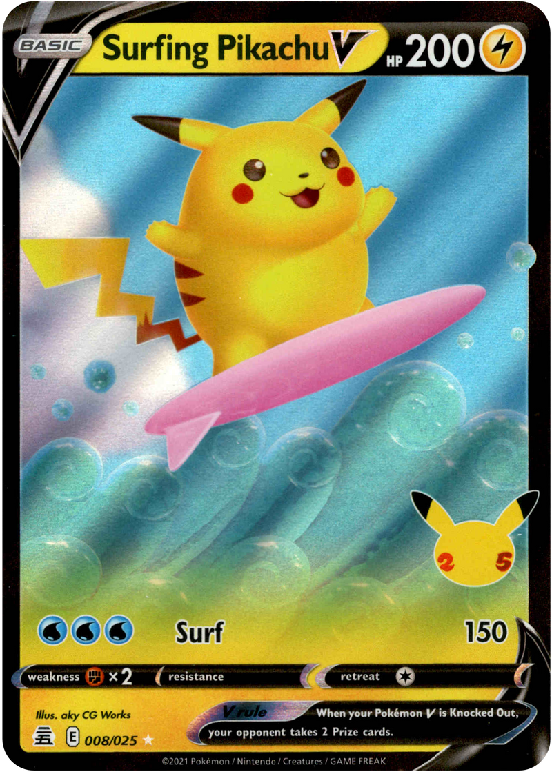 Surfing Pikachu V - 008/025 - Celebrations - Holo Card Cavern Trading Cards, LLC Surfing Pikachu V - 008/025 - Celebrations - Holo Card Cavern Trading Cards, LLC