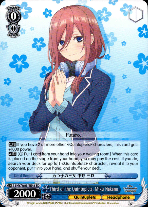 Third of the Quintuplets, Miku Nakano - 5HY/W83-TE45 - The Quintessential Quintuplets - Card Cavern