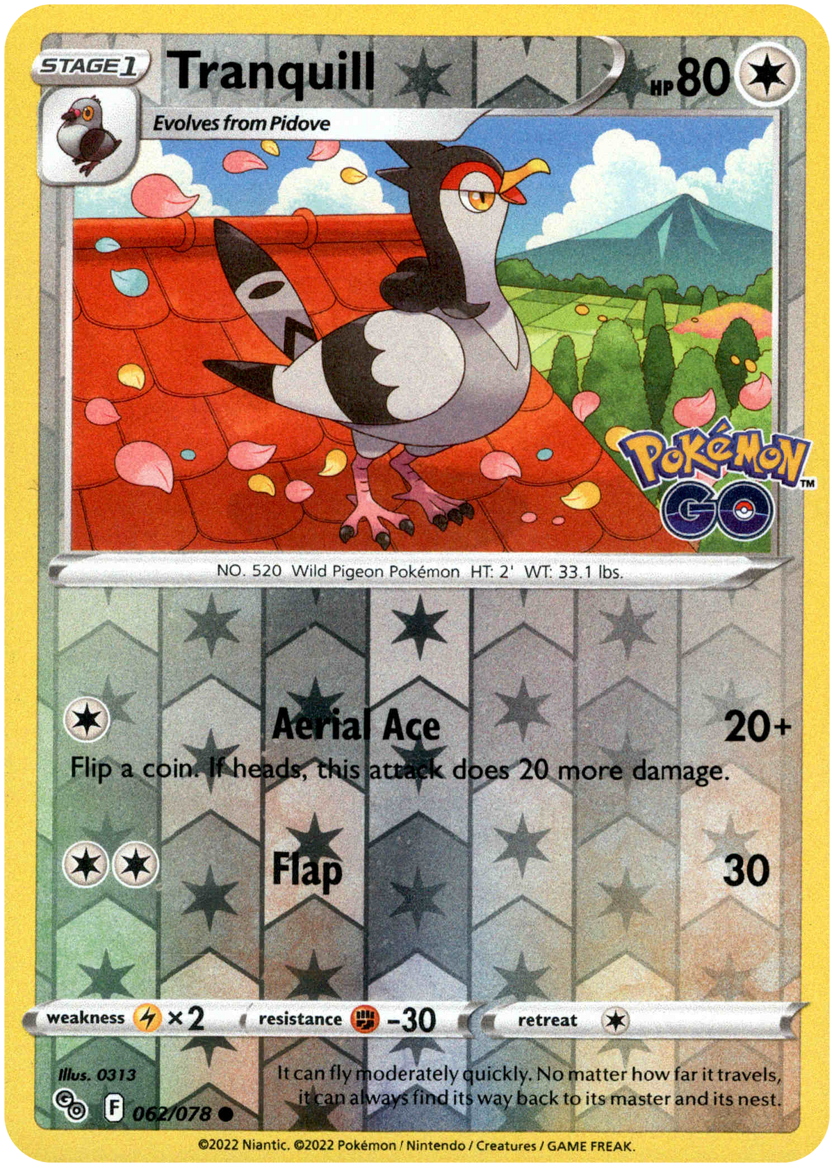 Tranquill - 062/078 - Pokemon Go - Reverse Holo - Card Cavern