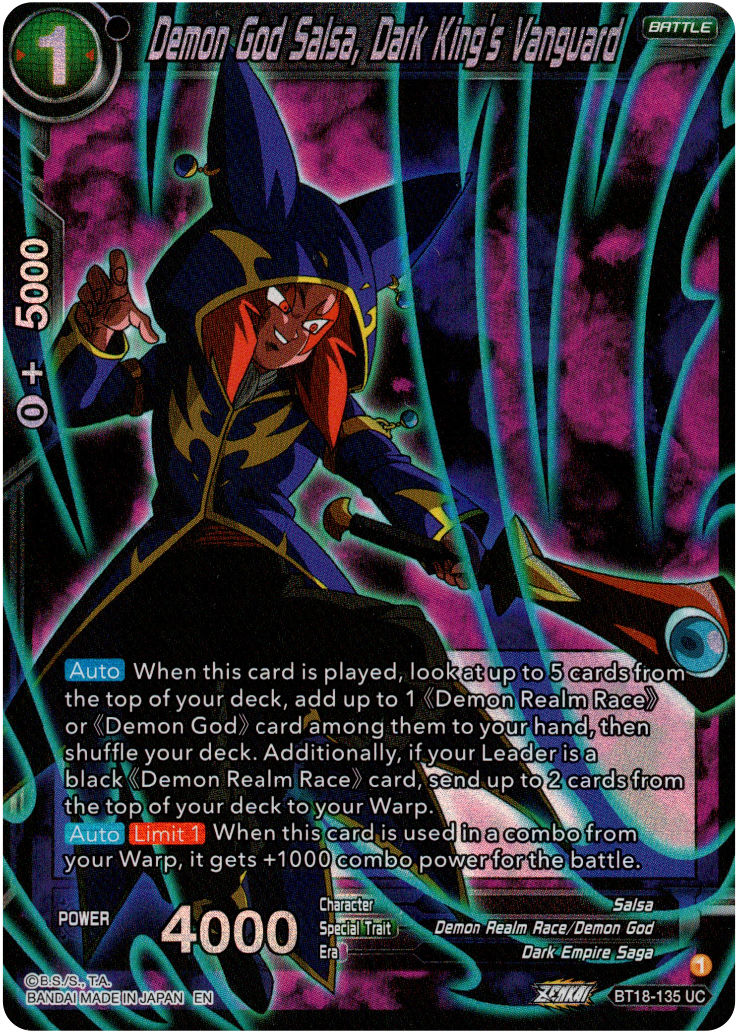 Demon God Salsa, Dark King's Vanguard - BT18-135 - Dawn of the Z-Legends - Parallel Foil - Card Cavern