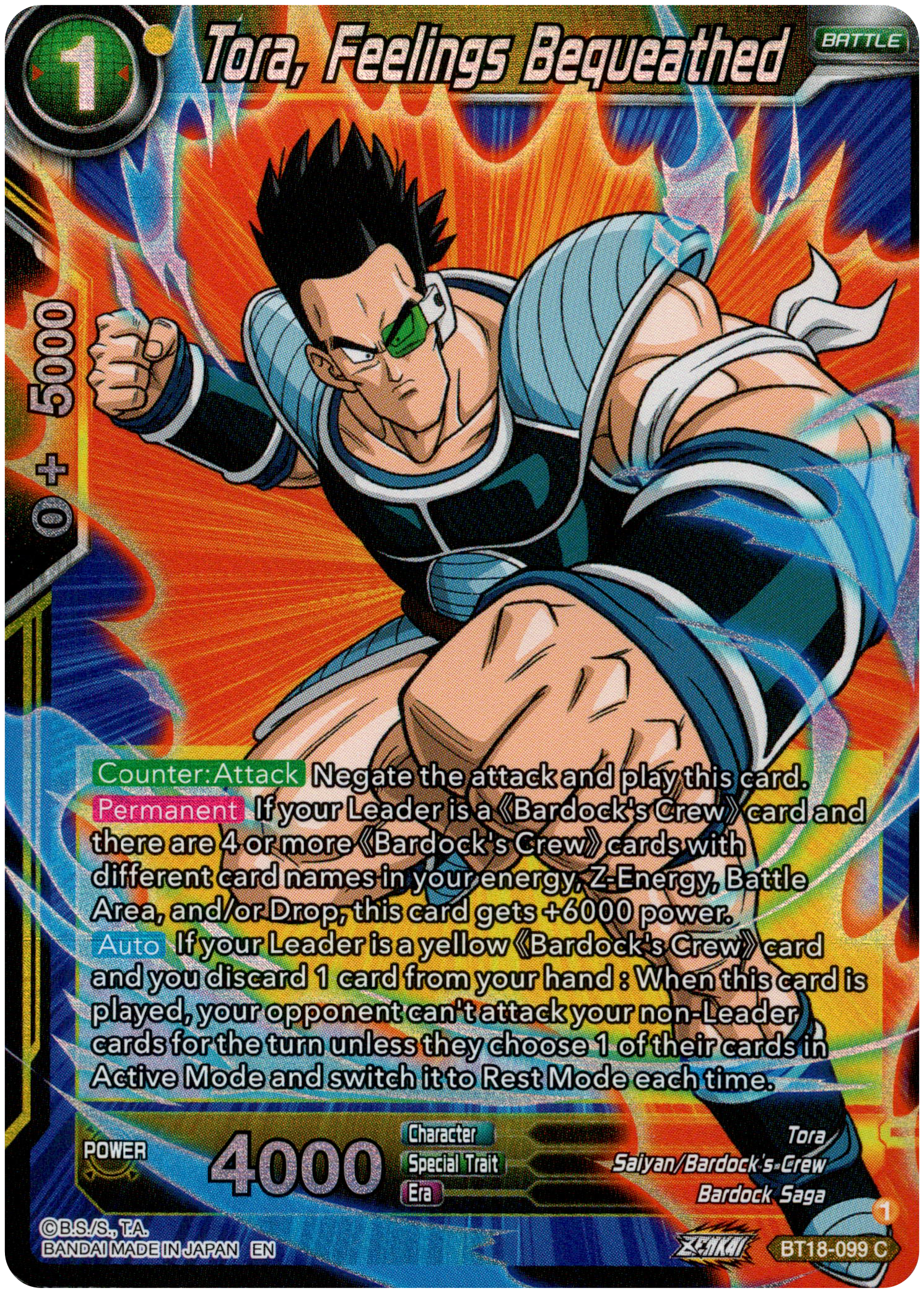 Tora, Feelings Bequeathed - BT18-099 - Dawn of the Z-Legends - Parallel Foil - Card Cavern